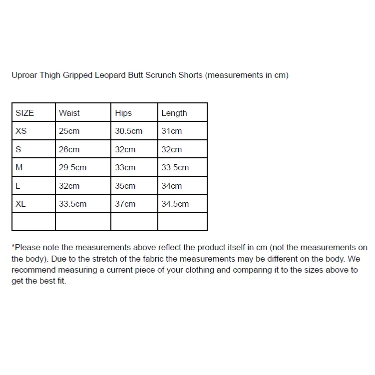 Uproar Thigh Gripped Leopard Butt Scrunch Shorts - Size Chart